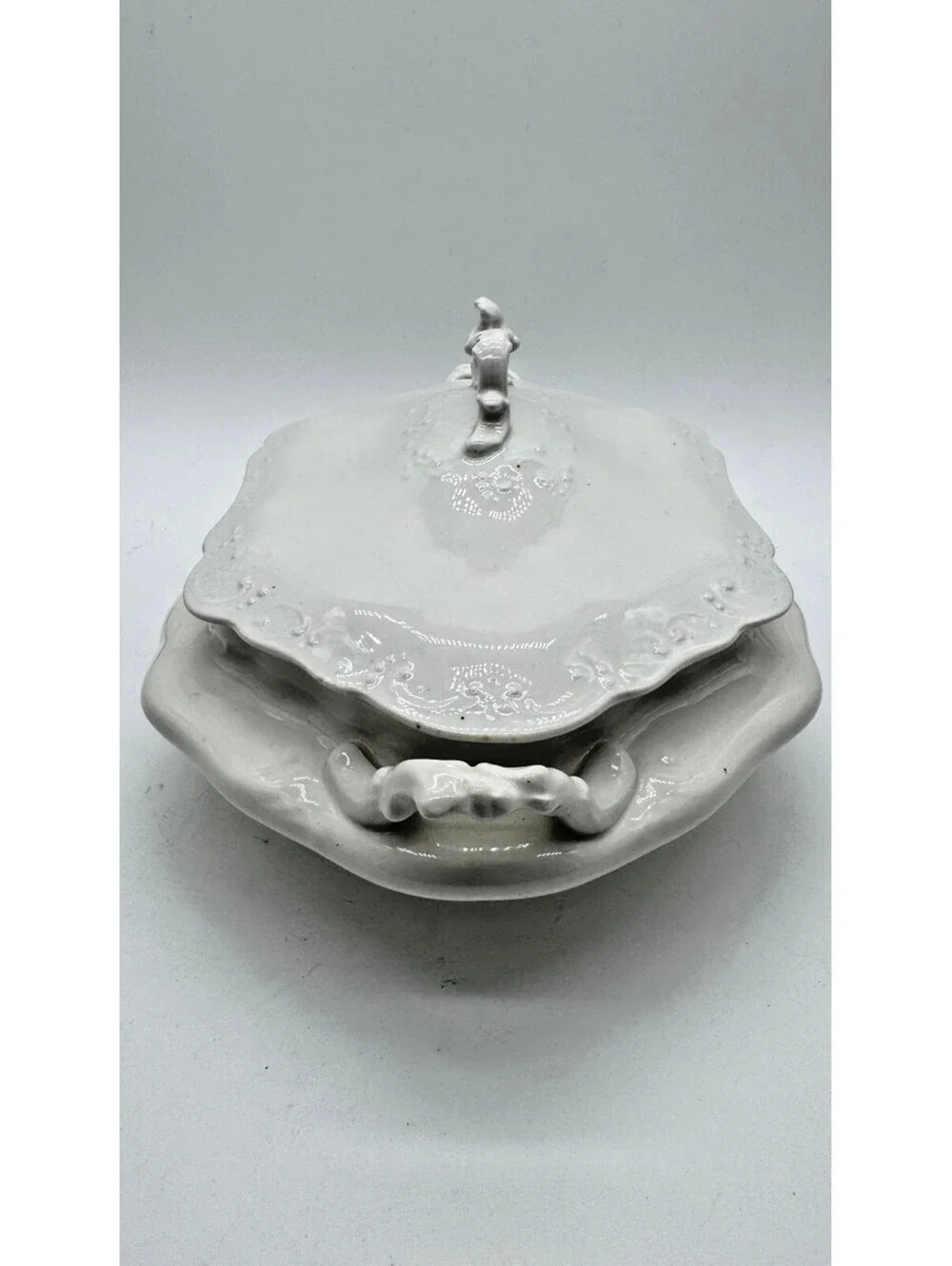 Antique Johnson Bros England White Embossed Covered Vegetable Dish Tureen